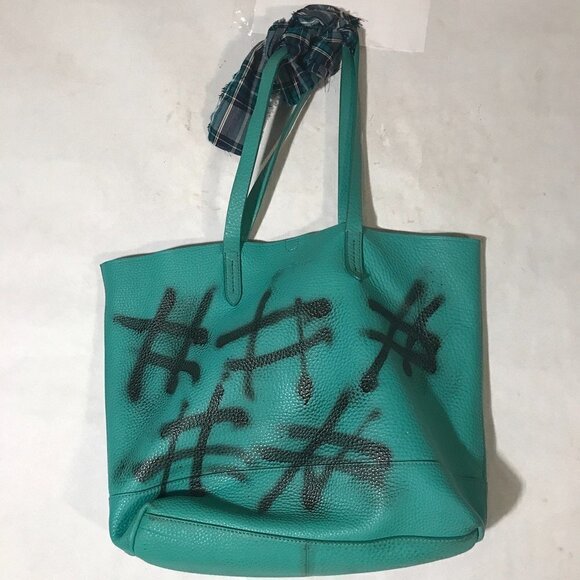 Cole Haan Genuine Leather Satchel Handbag Green Upcycled Tote Hash Tag - Picture 3 of 6